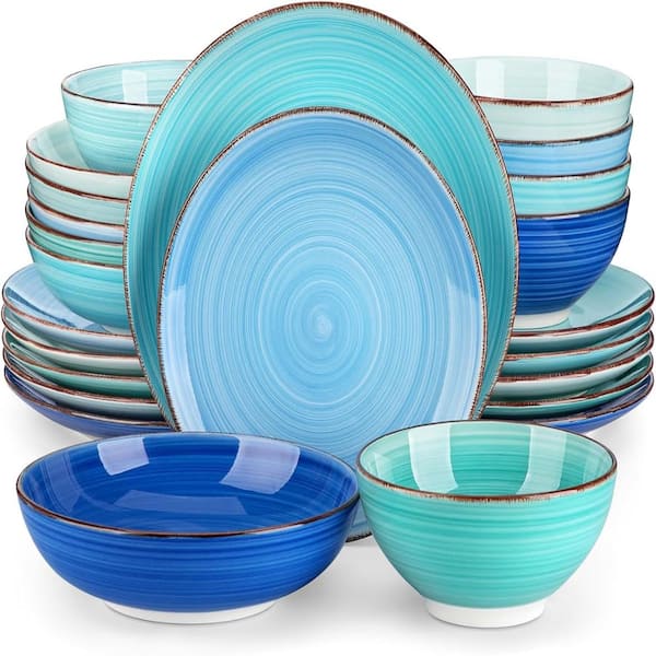 Bonita 24-Piece Hand-Painted Spiral Blue Stoneware Dinnerware Set Service for 6 Dinnerware Sets