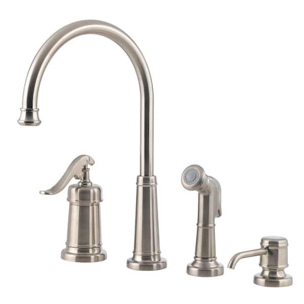 Pfister Ashfield Single-Handle Standard Kitchen Faucet with Side Sprayer and Soap Dispenser in Brushed Nickel