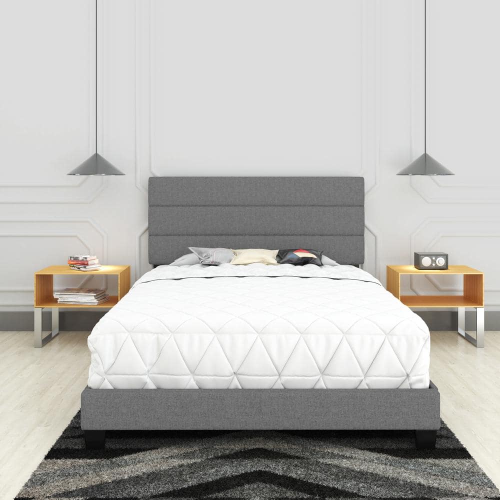 Sicily Gray Upholstered Linen Queen Platform Bed with Headboard