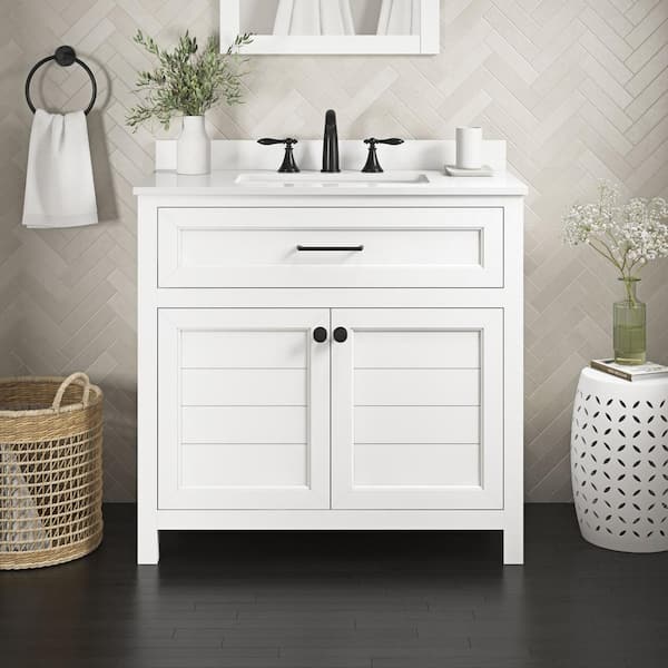 Home Decorators Collection Hanna 36 in. W x 19 in. D x 34 in. H Single Sink Bath Vanity in White with White Engineered Stone Top