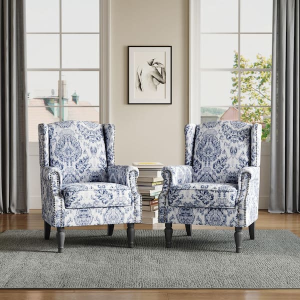 フローラルパターンのクラシック椅子 Uixe Navy Blue Floral Pattern Linen Upholstered High Back Accent