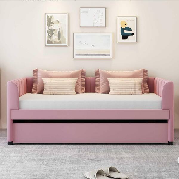 Pink Twin Size Daybed with Ergonomic Design Backrest and Trundle