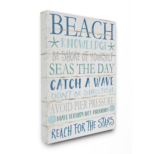 24 in. x 30 in. "Beach Knowledge Blue Aqua and White Planked Look Sign Canvas Wall Art" by Jennifer Pugh