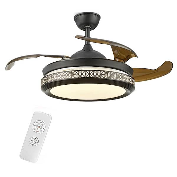 OUKANING 42 in. Integrated LED Indoor Black Modern Retractable Blades Ceiling Fan with Remote Control