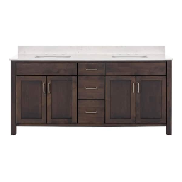 Kingham 73 in. Double Sink River Rock Brown Freestanding Bath Vanity with Golden Carrara Quartz Top Assembled