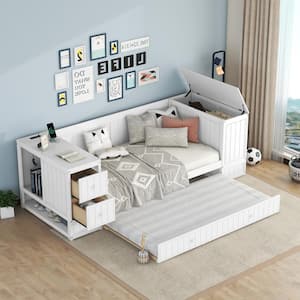 White Twin Size Wood Daybed with Trundle, 2-Drawer, Flip-Top Storage Box, Cabinet, Open Compartments, Charging Station