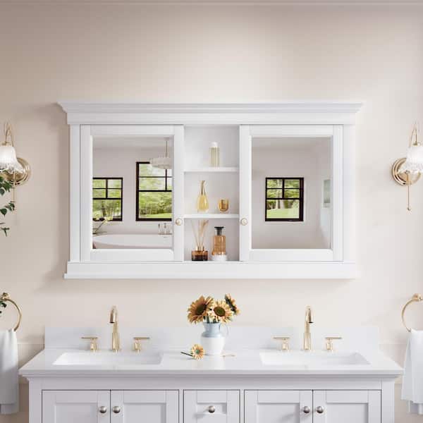 55 in. W x 32 in. H Rectangular Real Wood Recessed Medicine Cabinet with Mirror, Soft-Close Door, Easy Hang, White