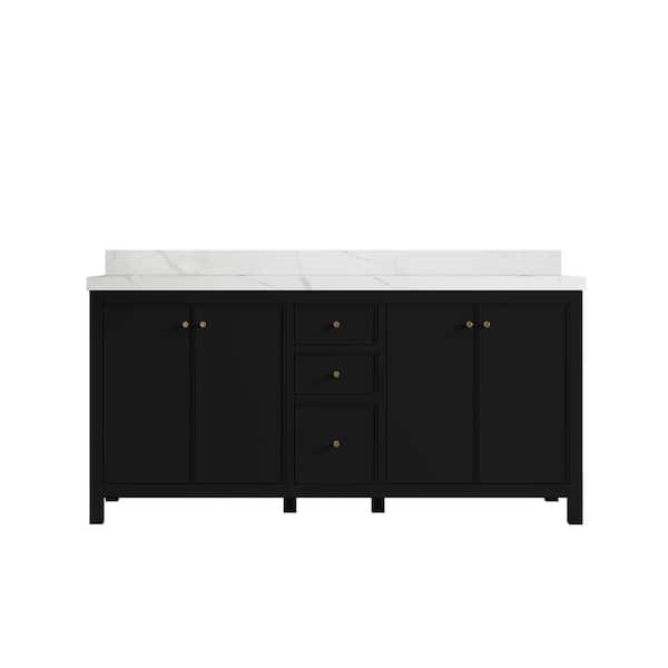 Willow Collections Chicago 72 in. W x 22 in. D x 36 in. H Double Sink Bath Vanity in Black 2 in. Calcutta Laza Qt. Top