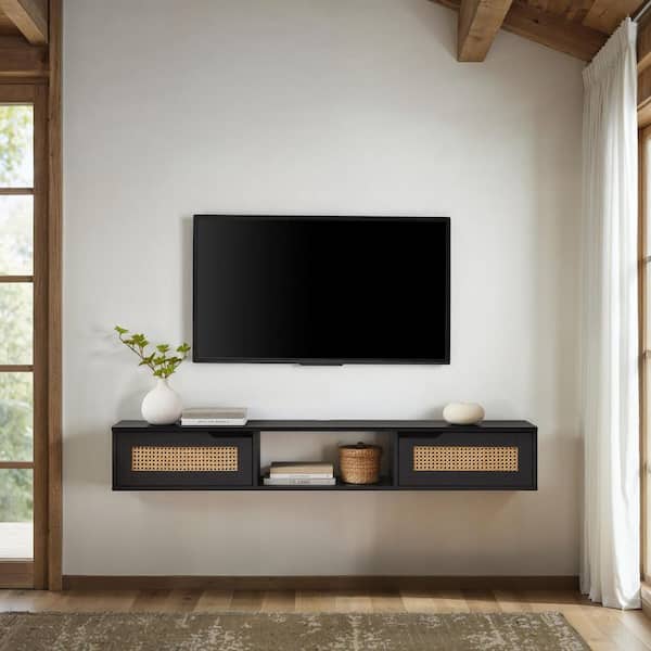 Walker Edison Furniture Company 58 in. Modern Black Wood Floating TV Stand with 2 Faux Rattan Doors (Max TV Size 65 in.)