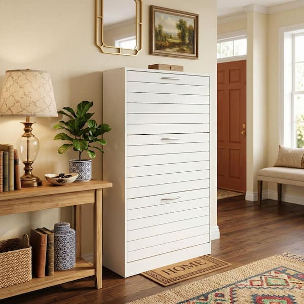 42.3 in. H x 22.4 in. W White Wooden Shoe Storage Cabinet with Silver Handles and 3-Drawers, for 18 Pairs
