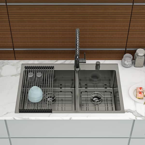 33 in. x 22 in. Drop In Double Bowl 16 Gauge Stainless Steel Kitchen Sink with Two 10 in. Deep Basin(60/40)