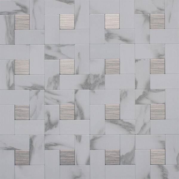 Instant Mosaic 12 in. x 12 in. Metal Backsplash Tile in Faux White Marble (6-Pack)