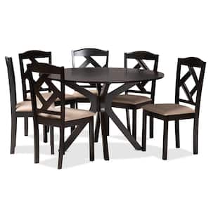 Carlin 7-Piece Wood Top Sand and Dark Brown Dining Set