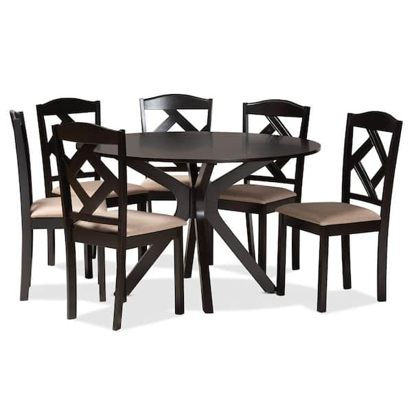 Baxton Studio Carlin 7-Piece Wood Top Sand and Dark Brown Dining Set