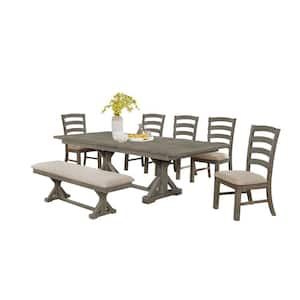 Linda 7-Piece Rectangular Wood Top and Rustic Gray Dining Table Set w/Beige Linen Fabric Chairs and Bench