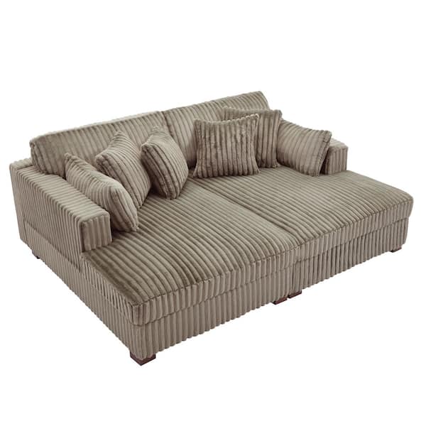 Uixe 84.36 in. Modern Square Arm Faux Rabbit Fur Fabric Upholstered Sectional Sofa in. Light Brown With Four Pillows