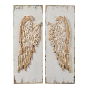 Wood, Wall Art, (Set of 2) Feather Wing Wall Panels, Distressed White Finish, Rectangle, 15.7 in. W x 42.10 in. H