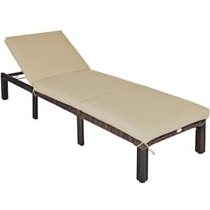 Brown Metal Outdoor Chaise Lounge with Beige Cushions Adjustable Backrest