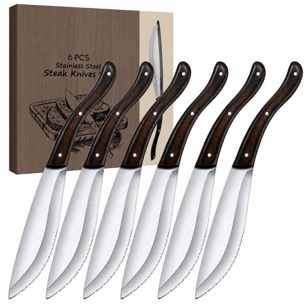Handmade Forged Stainless Steel Serrated Steak Knife Set with Wooden Handles for Meat Cutting (6-Piece)