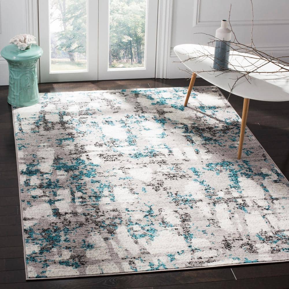 Skyler Gray and Blue Synthetic Abstract Square Rug 6'7"