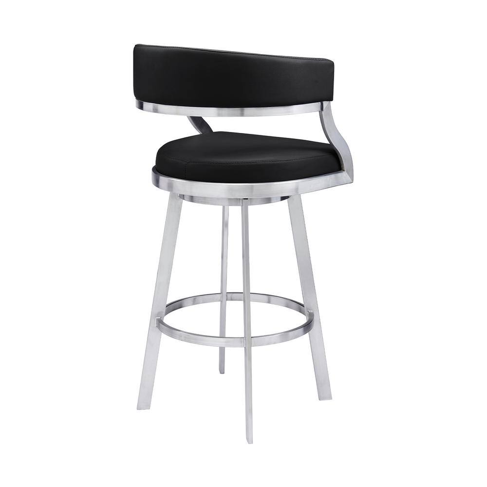 Dione Brushed Stainless Steel and Black Faux Leather 30" Swivel Bar Stool