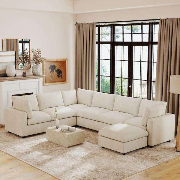 7-Piece Beige Modular Sectional Sofa Chenille Free Combination Living Room Set, with Ottoman, Removable Washable Covers