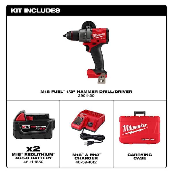 M18 FUEL 18V Lithium-Ion Brushless Cordless 1/2 in. Hammer Drill Driver Kit with Two 5.0 Ah Batteries and Hard Case