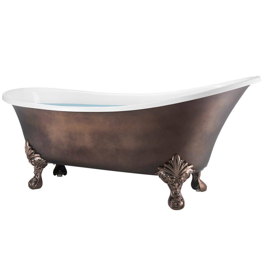 69'' Matte Antique Brass and White Acrylic Clawfoot Bathtub