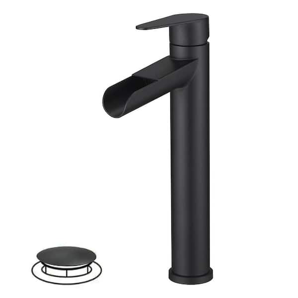 BWE Waterfall Single Hole Single Handle Bathroom Vessel Sink Faucet with Drain Assembly in Matte Black