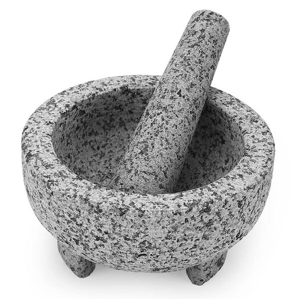 Unpolished Granite Gray Mortar and Pestle Set for Herbs Spices Guacamole Pastes Seasonings Non-Slip Mats