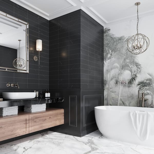 Black 4 in. x 12 in. Polished Marble Subway Floor and Wall Tile (5 sq. ft./Case)