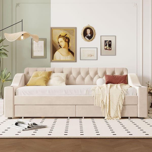 Beige Twin Upholstered Daybed with Storage Armrests and USB Port