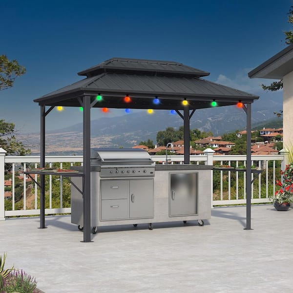 6.5 ft. x 10 ft. Hardtop Grill Gazebo for Patio Aluminum Barbecue Shelter Gazebo w/Hooks,Shelves Double Tiered 24-Lights