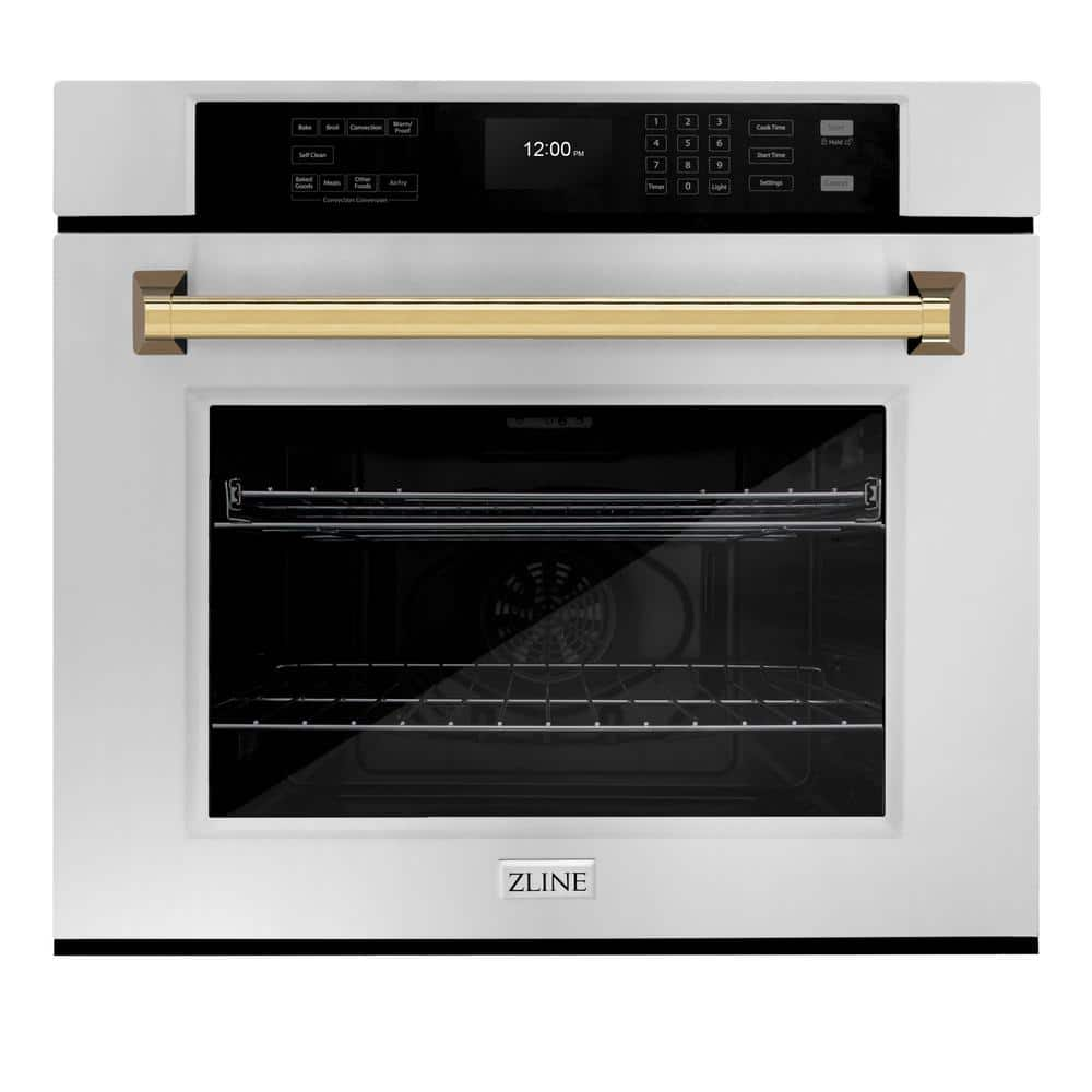 ZLINE Kitchen and Bath Autograph Edition 30 in. True Convection Electric Single Wall Oven in Stainless Steel with Polished Gold Handle