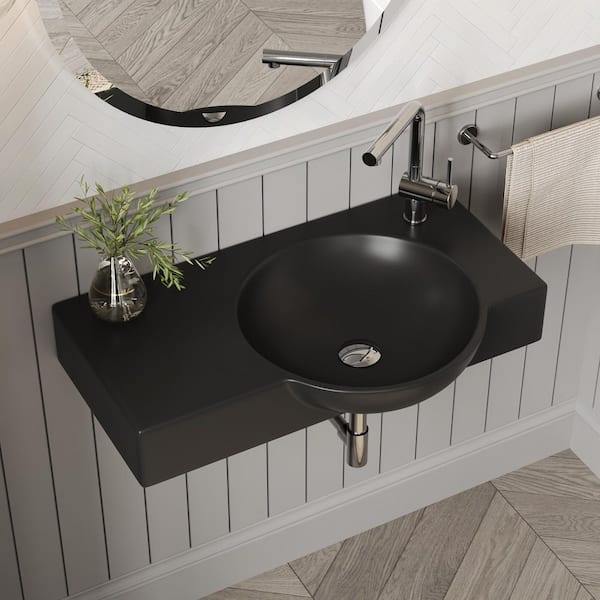 DEERVALLEY 30 in. L x 5-1/8 in. D Right Side Ceramic Novelty Wall Mount Bathroom Sink in Matte Black, Single 1-3/8 Faucet Hole