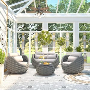 Bird's Nest 4-Piece Gray Aluminum Hand-Woven Patio Conversation Sets Waterproof Sectional Seating Set with Gray Cushions