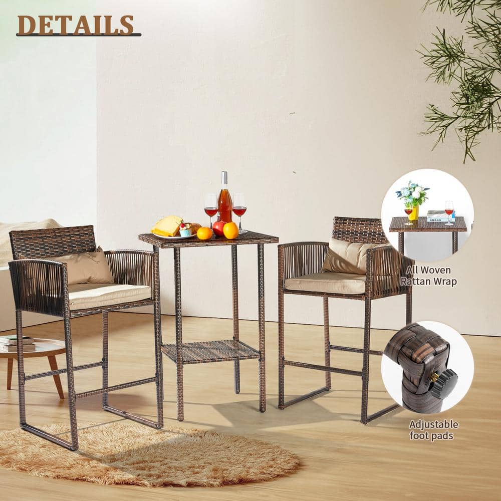 Brown Steel and Wicker Bar Height Outdoor Set with Beige Cushions