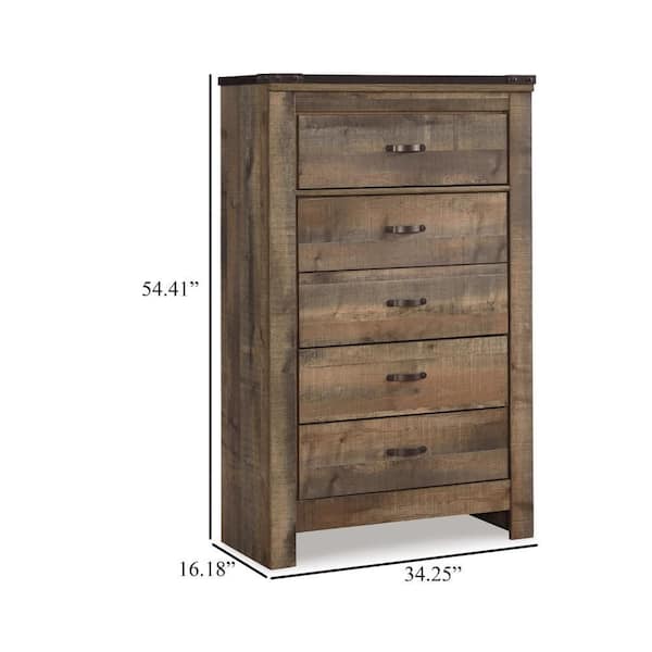 Zoey Tall Dresser Chest, 5 Storage Drawers, Rustic Brown Plank Details - Brown, Bronze