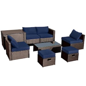 8-Pieces Wicker Patio Sectional Seating Set Rattan Furniture Set with Navy Cushions, Storage Box and Waterproof Cover