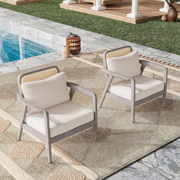 (Set of 2) Outdoor Gray Acacia Wood Patio Club Chair Lounge Chair with Waterproof Thick Beige Cushion for Porch