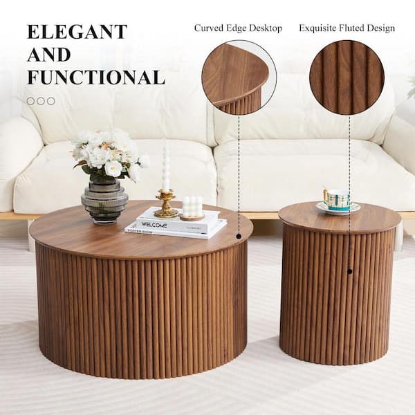 ATHMILE Large and Small 17.72 in. H Walnut Round MDF Wavy Coffee