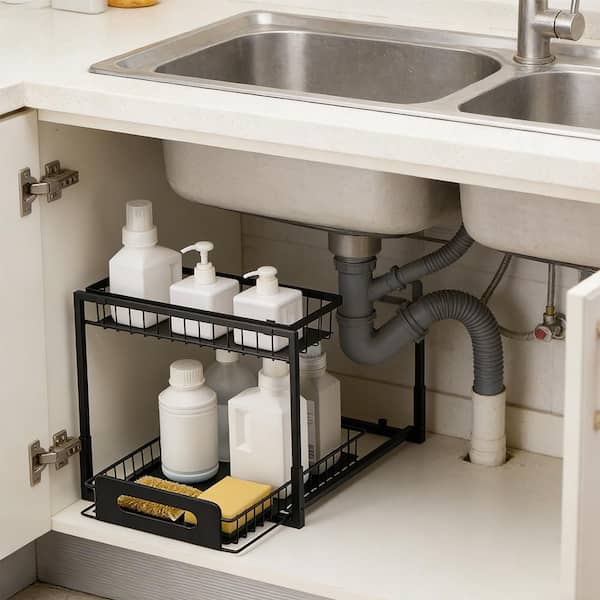 2 Tier Pull Out Cabinet Organizer, Slide Out Storage Shelf Wire Basket for Under Sink