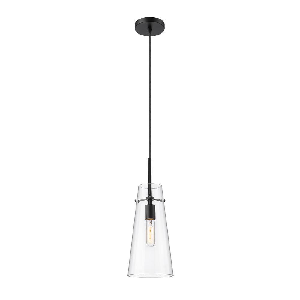 Kira 6.5 in. 1-Light Matte Black Shaded Pendant Light with Clear Glass Shad