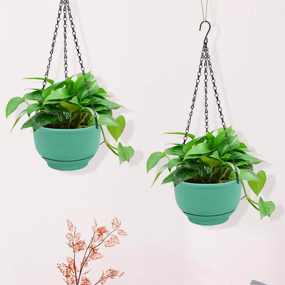 8 Inch Green Plastic Self-Watering Hanging Planter Set