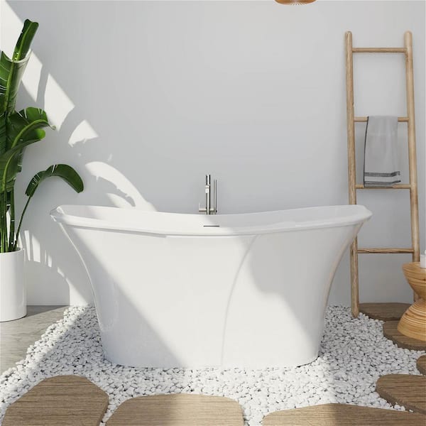 MYCASS AcryliBS 67 in. Acrylic Flatbottom Freestanding Japanese Soaking Bathtub Non-Whirlpool Soaking Oval Bathtub in White