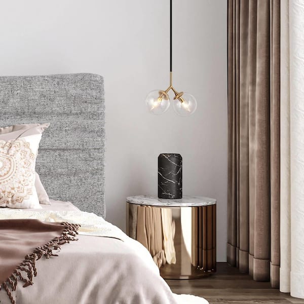 Modern 2-Light Black and Brass Pendant Light Globe Chandelier for Kitchen Island with Seeded Glass Shades