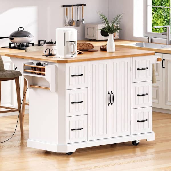 Qualler White Wood Top 55.5 in. Kitchen Island with Drop Leaf and Drawers