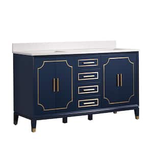 60 in. W Solid Wood Bath Vanity in Navy Blue, Carrara White Quartz Top with Double Sinks, Soft-Close Door and Drawer