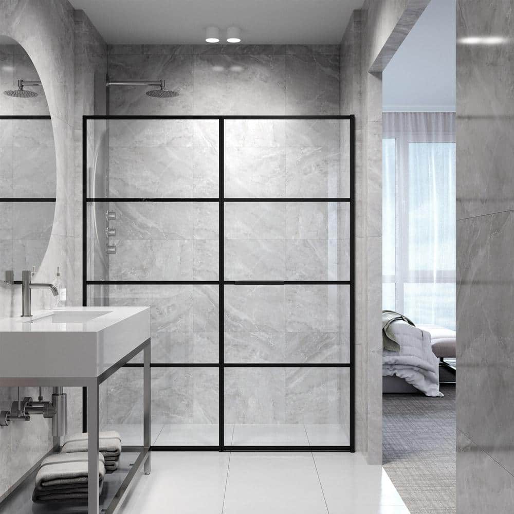 Meridian 60" Matte Black and Clear Grid Glass Shower Door