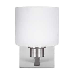 Canfield 5.5 in. 1-Light Brushed Nickel Minimalist Modern Wall Sconce Bathroom Vanity Light with Etched White Glass